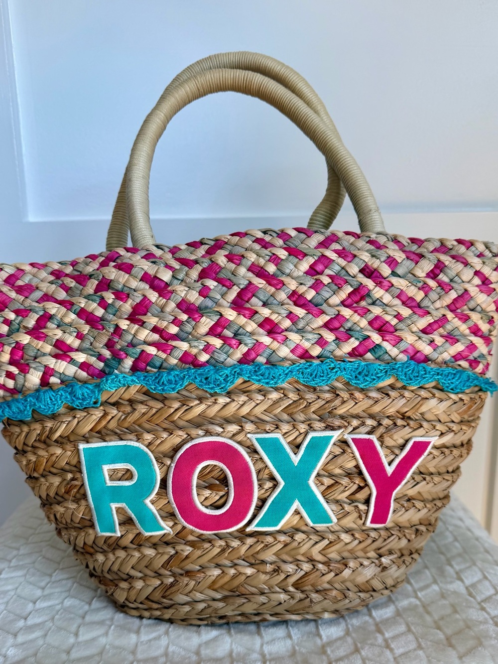 Roxy Natural Straw Tote with Pink & Teal Logo Accents